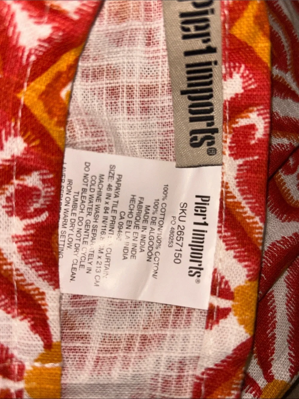 Pier1 Curtain Panels (2) Long Window Rod Pocket Red Orange White Thick Canvas